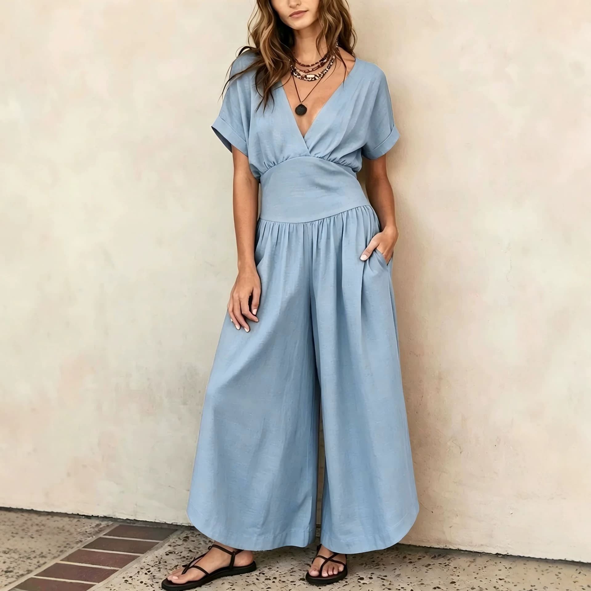 Cross-Border Women's Fashion 2026 European and American Women's Spring/Summer New Arrival Elegant Waist-Defining V-Neck Casual Commuter Women's Jumpsuit