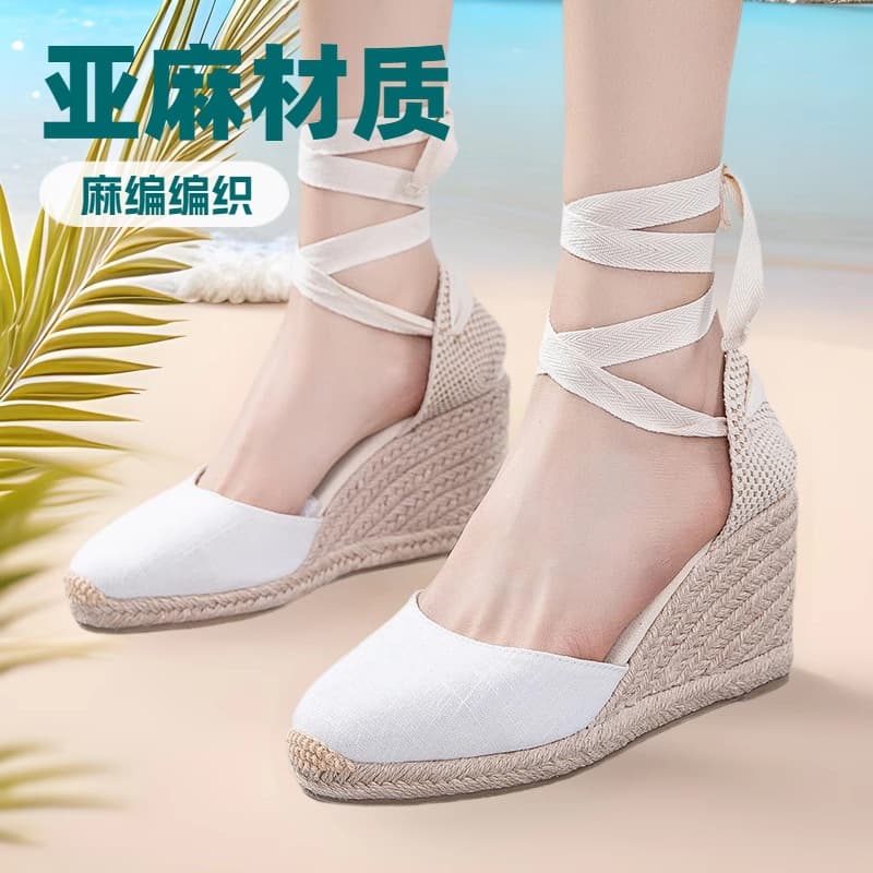 Women's High Heel Sandals Straw Woven Hollow Out Toe Wrap Summer Casual Style Round Toe Linen Upgraded Version a Couple of Lines