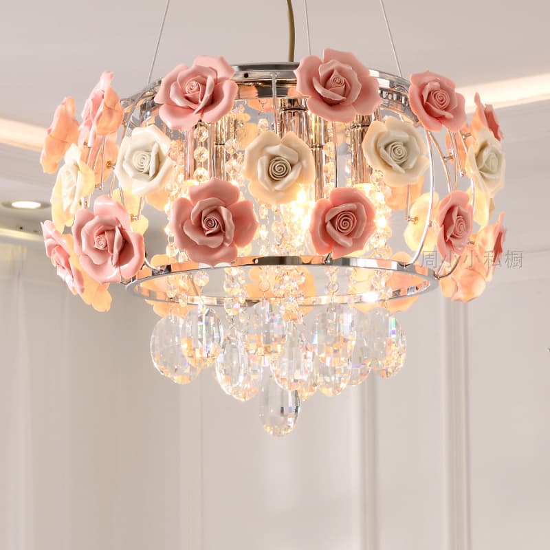 Modern Simple Crystal Chandelier Rose Flower Children's Warm Room Light Bedroom Living Room Dining Room Hanging Lamp