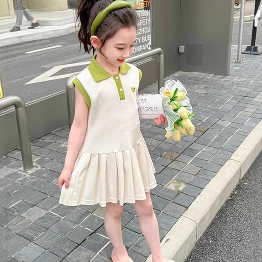2025 Summer Love Polo Dress Girls Sleeveless Dress Foreign Trade Fashion Princess Skirt Short Sleeve Skirt