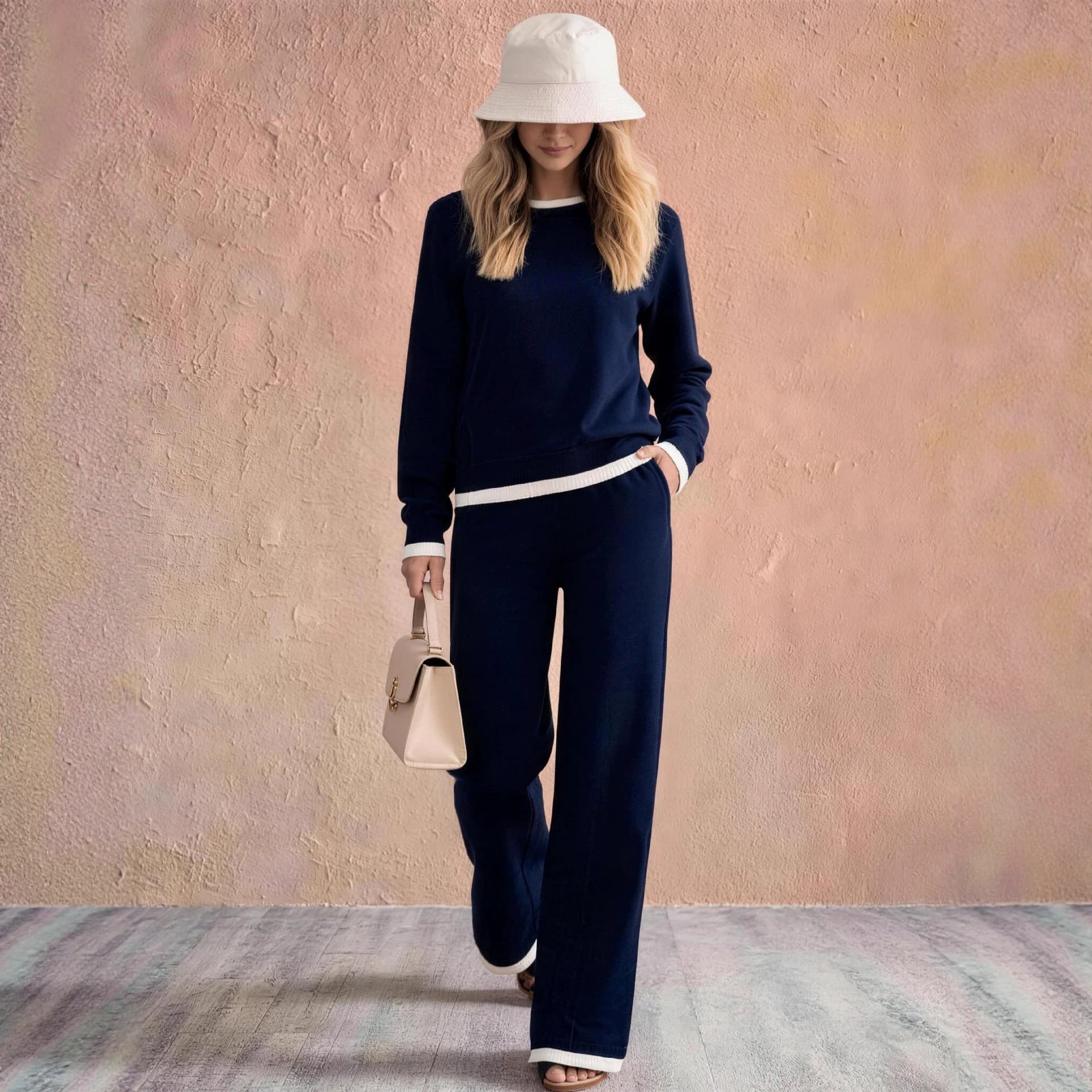 2026 European and American cross-border new autumn and winter white edge daily casual imitation velvet cotton sweater two-piece suit