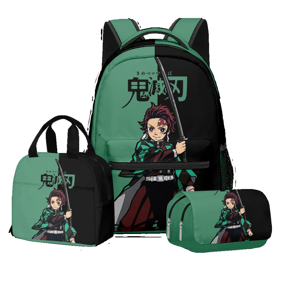 3D Cross-border New Anime Demon Slayer Backpack Lunch Bag Pencil Case 3-Piece Set Primary and Middle School Students Printed