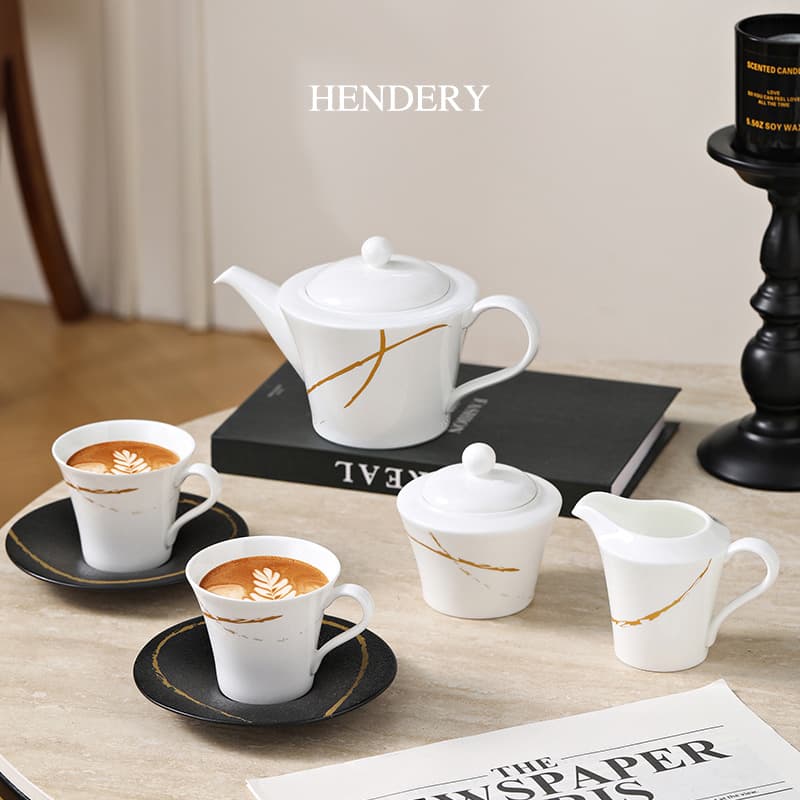 Premium Light Luxury Hand-Painted Striped Ceramic Coffee Cup and Saucer Afternoon Tea Set European-Style Coffee Pot Wholesale