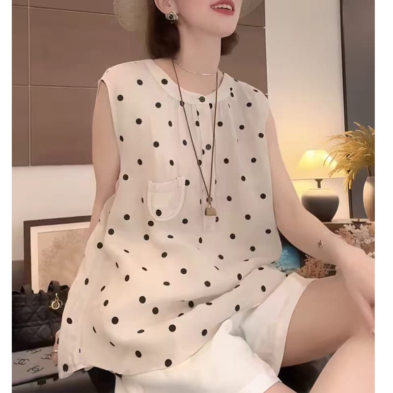 2026 Summer New Linen Polka Dot Light Luxury Casual White Polka Dot Sleeveless Shirt, Drop Shipping Available
