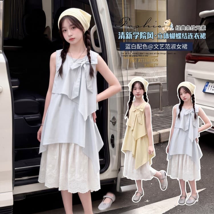 Girls Dress Summer 2026 New Fashionable French Style Dress for Kids, Middle and Older Children, Faux Two-Piece Vest Dress