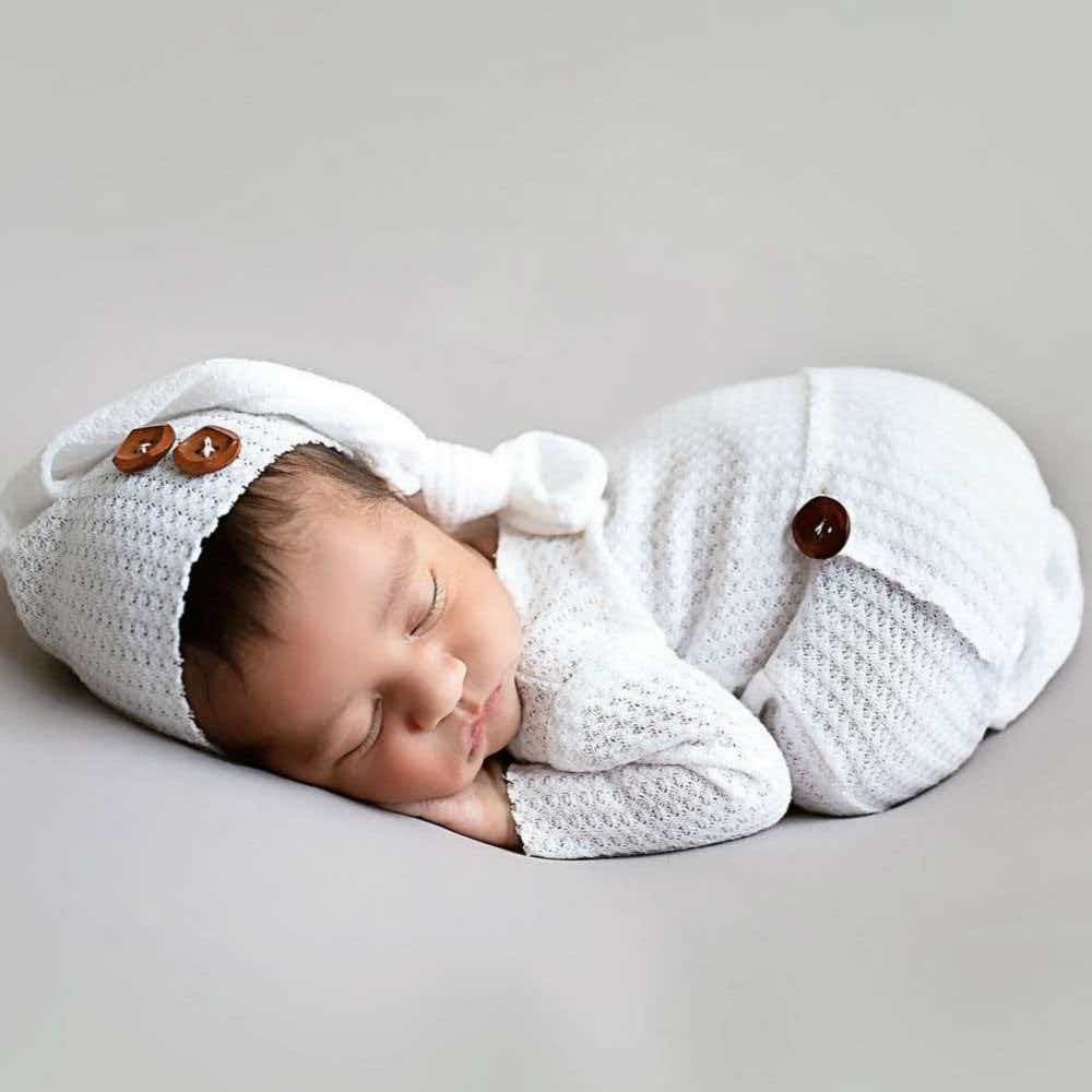 Newborn Photography Knitted Romper with Long Tail Hat 2-Piece Set, European and American Newborn Photography Outfit