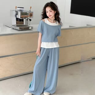 Girls Faux Two-Piece Off-Shoulder Set 2026 Summer New Korean Style Knit Wide-Leg Pants Casual Two-Piece Set for Older Girls