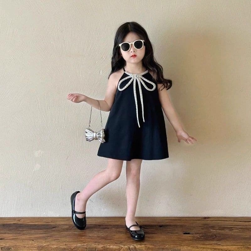 Girls' Black Halter Dress 2026 Summer New Baby Bow Strap Dress Korean Style Elegant Dress