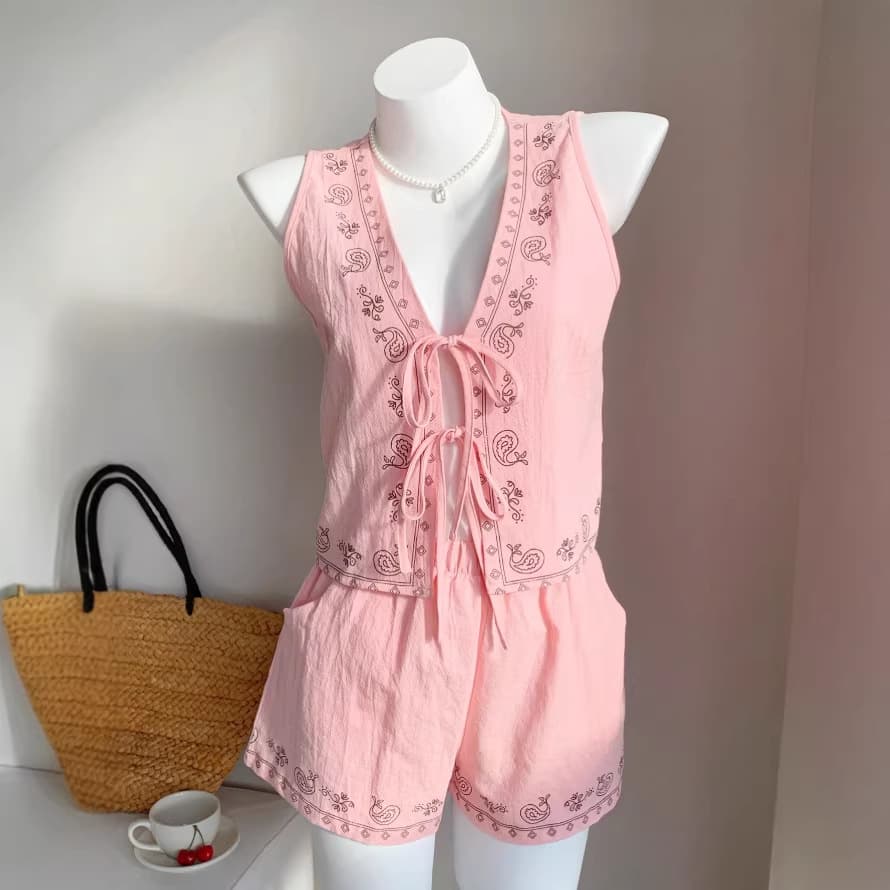 2026 Amazon Cross-border Independent Station Fashion Embroidered V-Neck Cotton Linen Sleeveless Tie Top New Vest Set