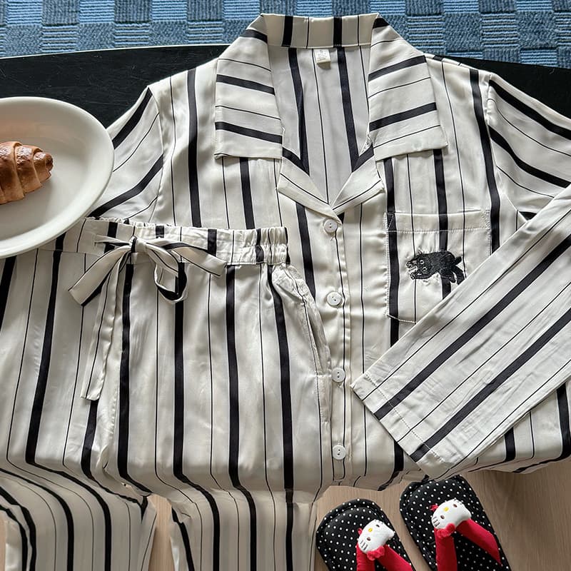 White wide striped couple pajamas spring and autumn women's summer men's autumn long-sleeved women's ice silk large size home clothes