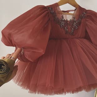 Children's Formal Dress 2026 New Style Baby Girl Birthday Bubble Sleeve Princess Dress Mesh Skirt for Toddlers and Kids Factory Wholesale