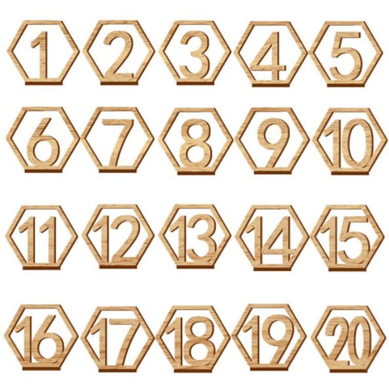 Wooden table number cards 1-40, hexagonal cutout number place cards, suitable for bars, cafes, and weddings.