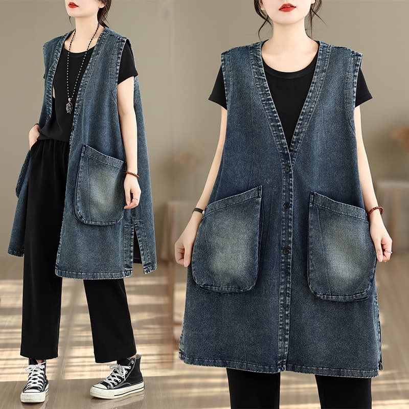 Large size denim fashionable and casual loose simple personalized large pocket mid-length vest sleeveless denim vest for women