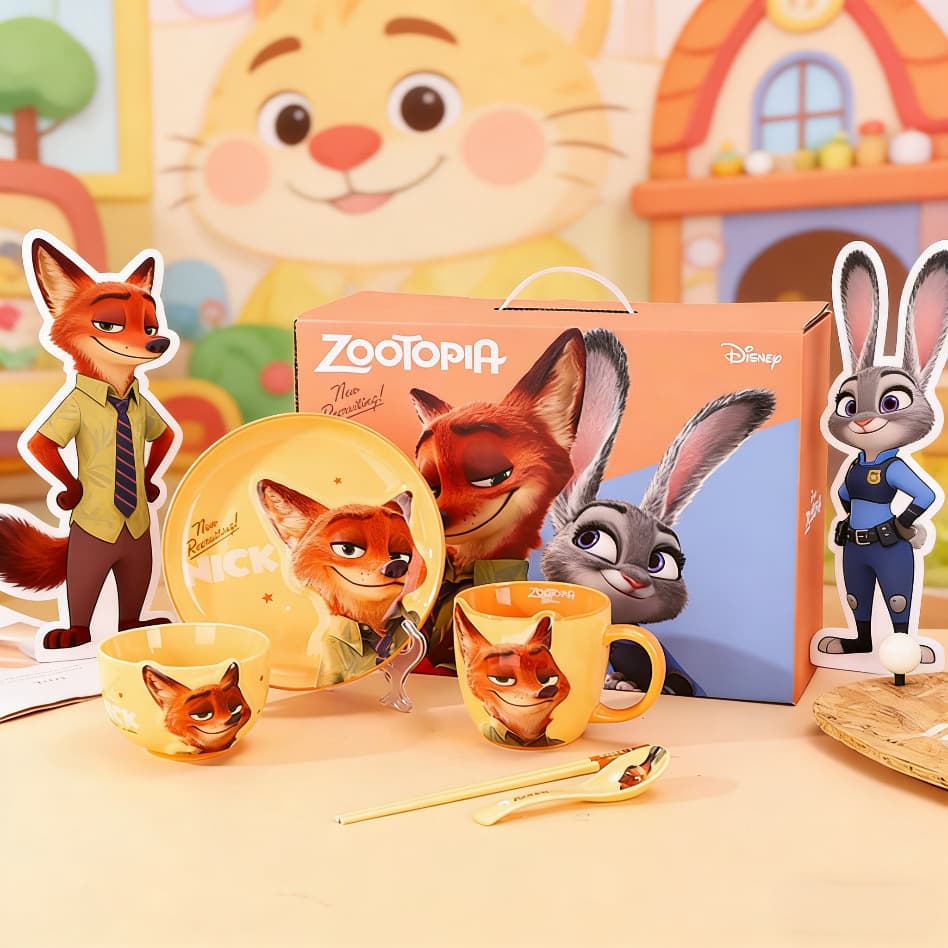 Zootopia Judy and Nick Co-branded Bowl, Plate, and Mug Set for One-Person Meals, Children's Ceramic Dinnerware Set