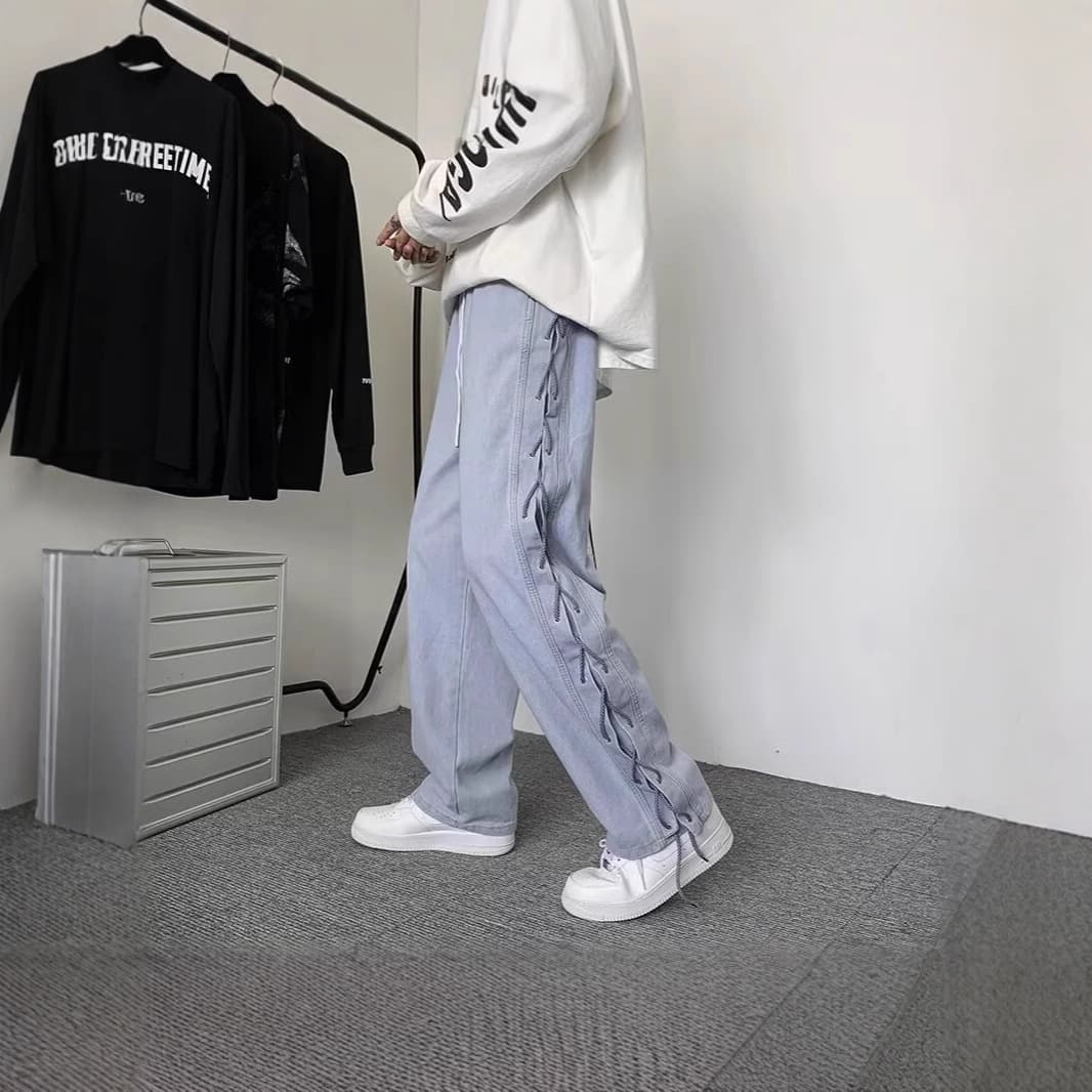Spring and Autumn High Street Jeans Men's Loose Straight Fitted Design American Trendy Brand Hiphop Street Casual Pants