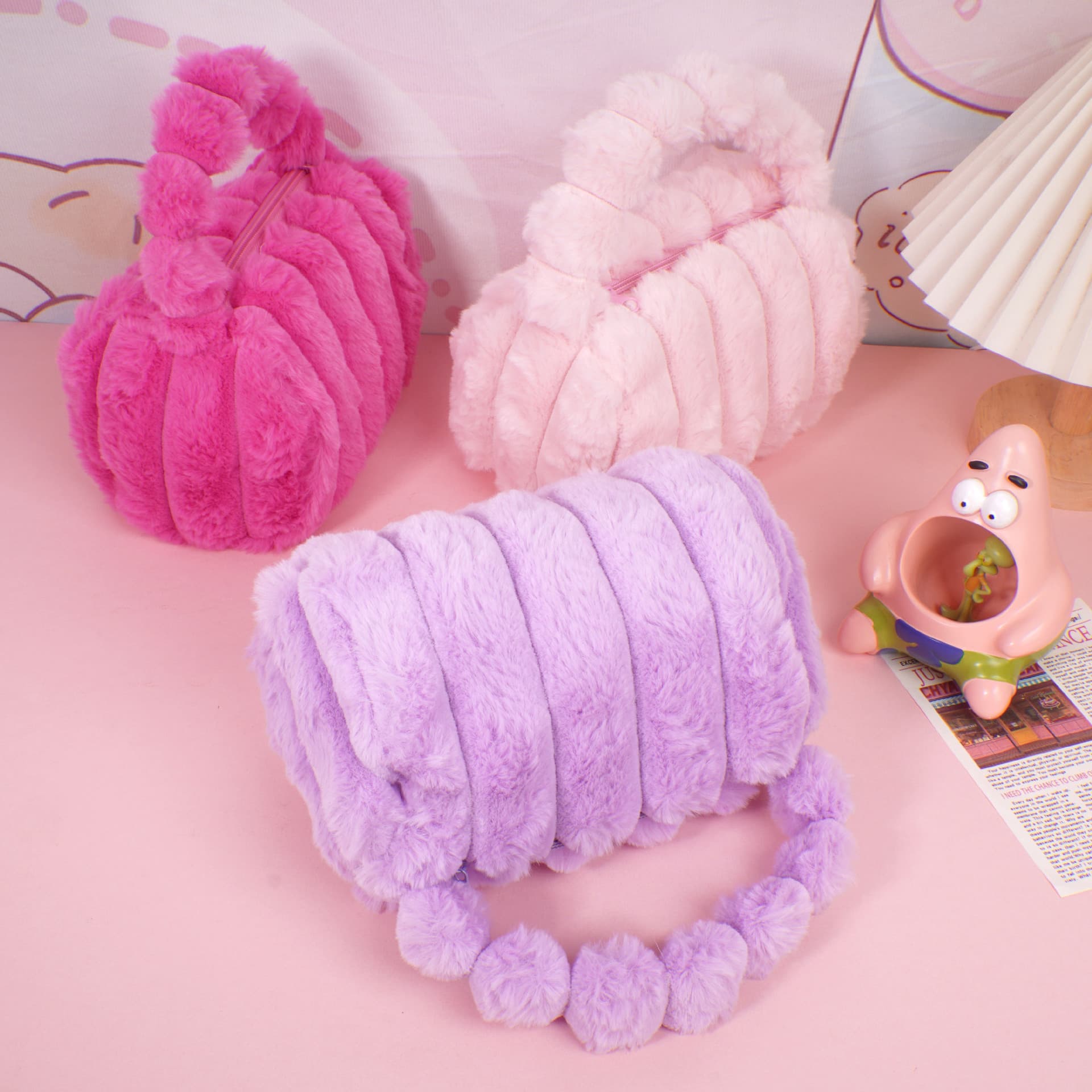 Imitation rabbit fur creative pressed striped plush cosmetic bag cute girl simple versatile headphone storage portable travel bag