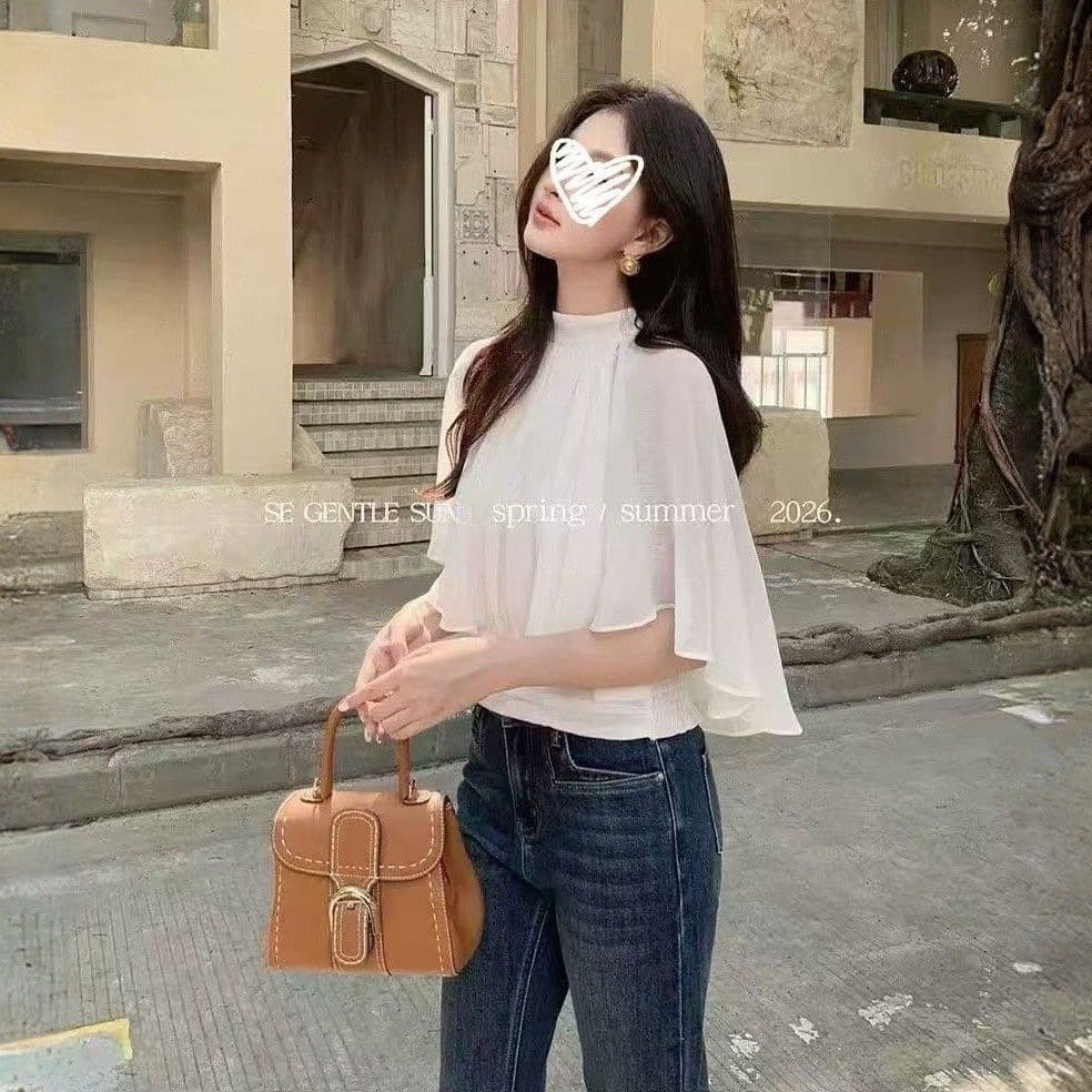 2026 Summer Niche Design Round Neck Cape Chiffon Blouse for Women Loose Fit Slimming Waist Top