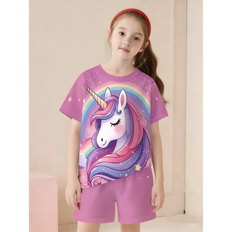 Cross-border Spring/Summer Printed Unicorn T-Shirt and Shorts Outdoor Sports Home Essential Boys and Girls Set