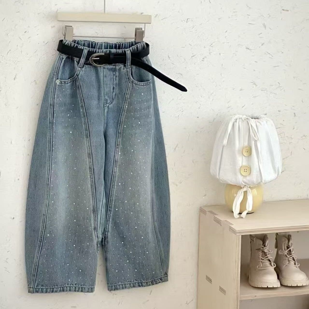 2026 Spring/Autumn New Girls' Jeans Loose Rhinestone Korean Style Baby Fashion Casual Curved Leg Pants