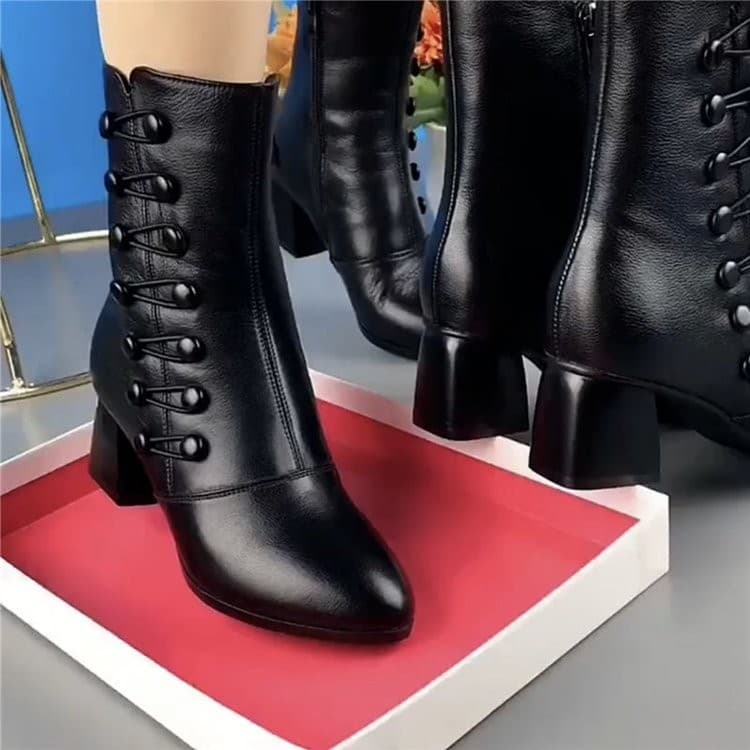 Fashionable Women's Soft Leather Thin Boots Autumn/Winter Season Mid-calf Cotton Shoes Fleece-lined Soft Bottom Mom's Boots