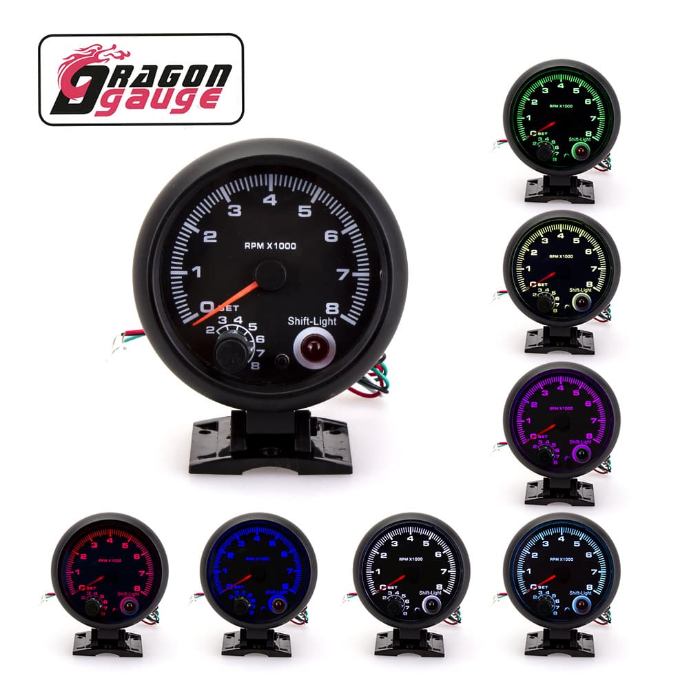 Car modification meter tachometer 95MM/12V universal pointer type seven-color backlight tachometer 0-8000RPM.