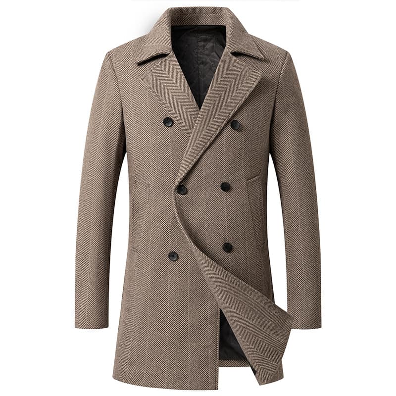 Autumn and Winter New Men's Mid-Length Wool Coat Plaid Double-Breasted Wool Coat Men's European Size Cross-Border Wool Coat for Men