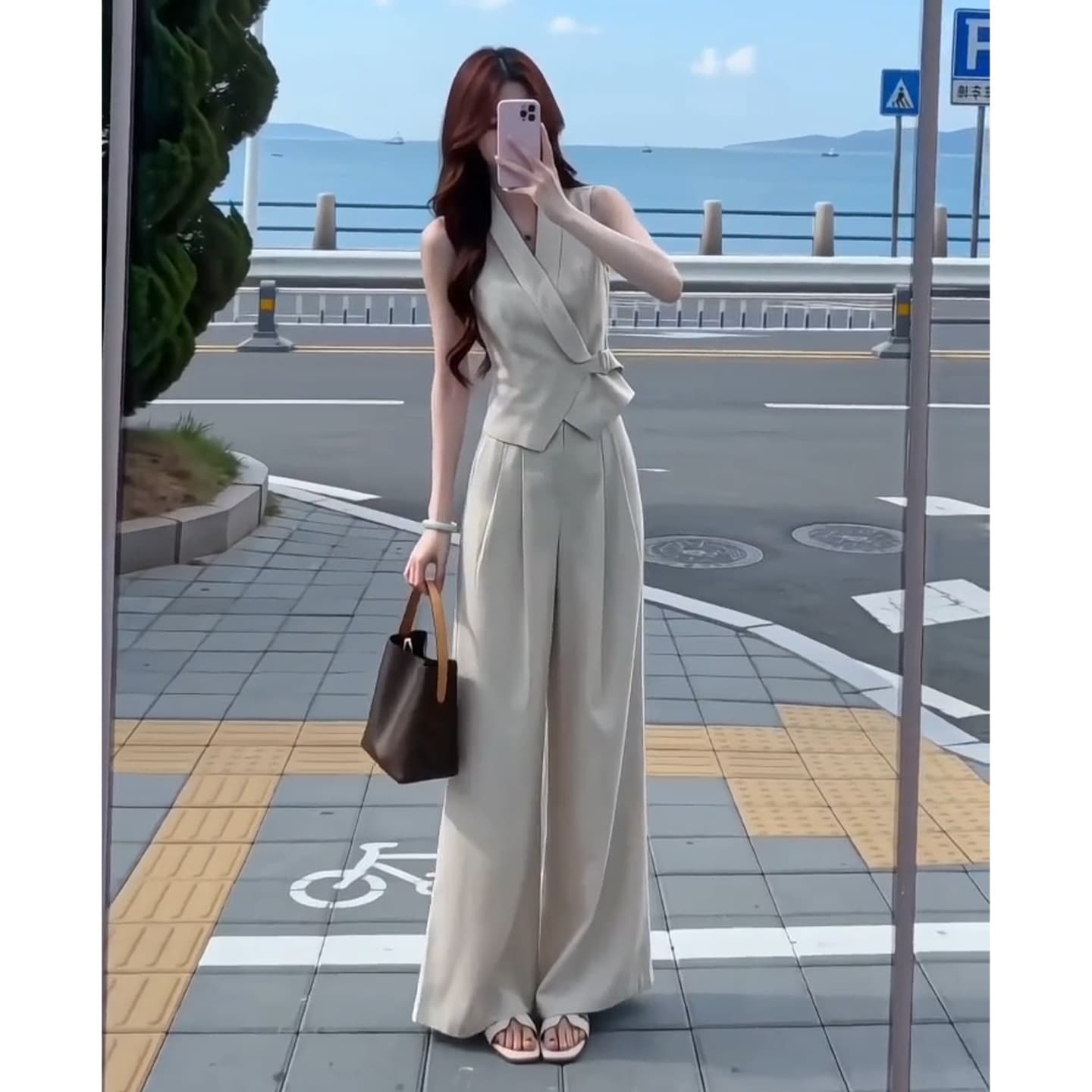 Korean style summer light mature style high-end waist V-neck vest drapey wide-leg pants temperament casual women's two-piece suit