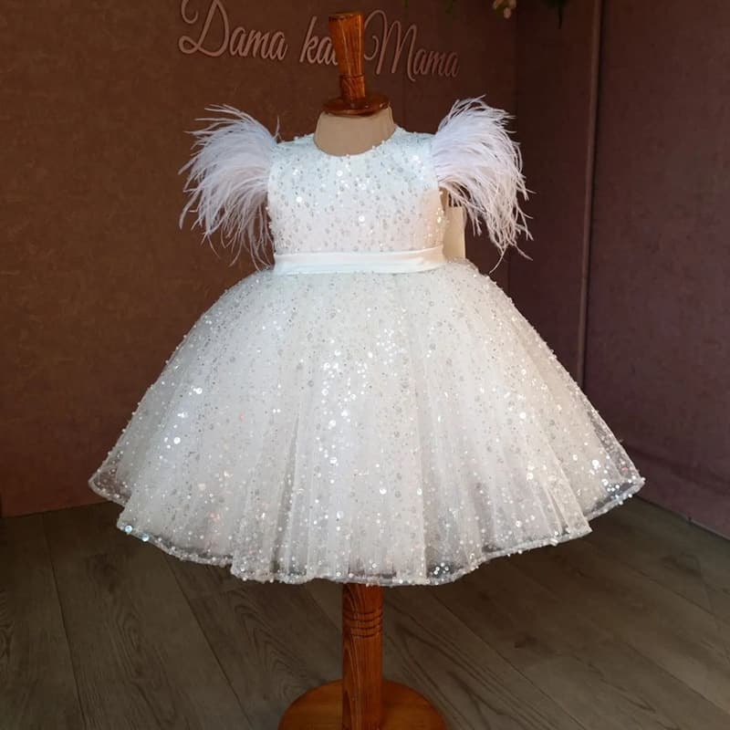 Amazon Girls' Dresses 2026 New Style Small and Medium-Sized Children's White Sequin Tutu Skirt Feather Children's Princess Dress Wholesale