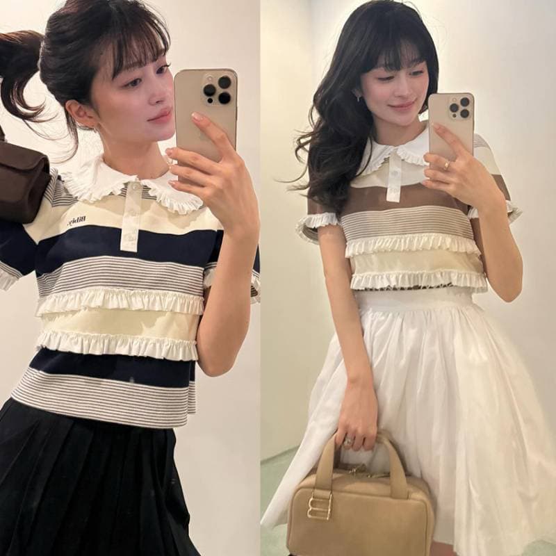 Real shot, large quantity, striped short-sleeved sweater stitched together, women's simple babydoll sweater stitched with fungus edge knitted top