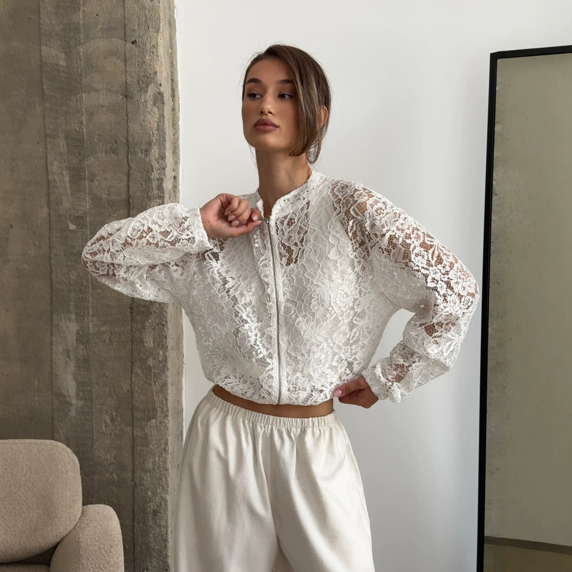 Amazon Export Women's Clothing Ins Style Sheer Zipper Lace Top for Women Fall Loose Versatile Personality Cardigan Top