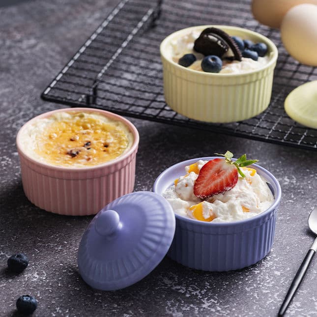 Macaron Color Series Ceramic Baking Bowl Home Use with Lid Steaming Pot Cake Egg Tart Pudding Baking Bowl Oven Specific Wholesale