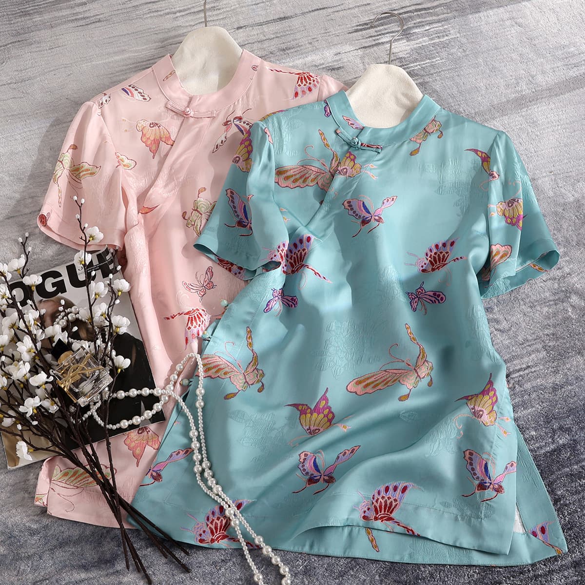 Shenzhen Nanyou 2025 Rayon Xiangyunsha New Chinese Style National Trend Mid-Length Top Stand Collar Slit Cheongsam Xiangyunsha