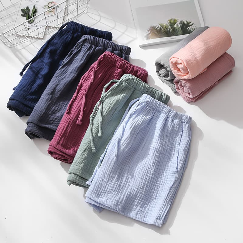 Women's Summer Cotton Crepe Sleep Shorts, Japanese Solid Color Beach Shorts, Men's 5-Inch Shorts