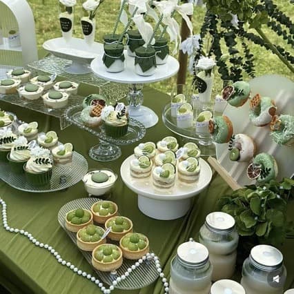 White-Green Budget-Friendly Dessert Table for Wedding, Baby Shower, Tea Break, Birthday, and Opening Ceremony, Forest-Themed Dessert Table Display Stand