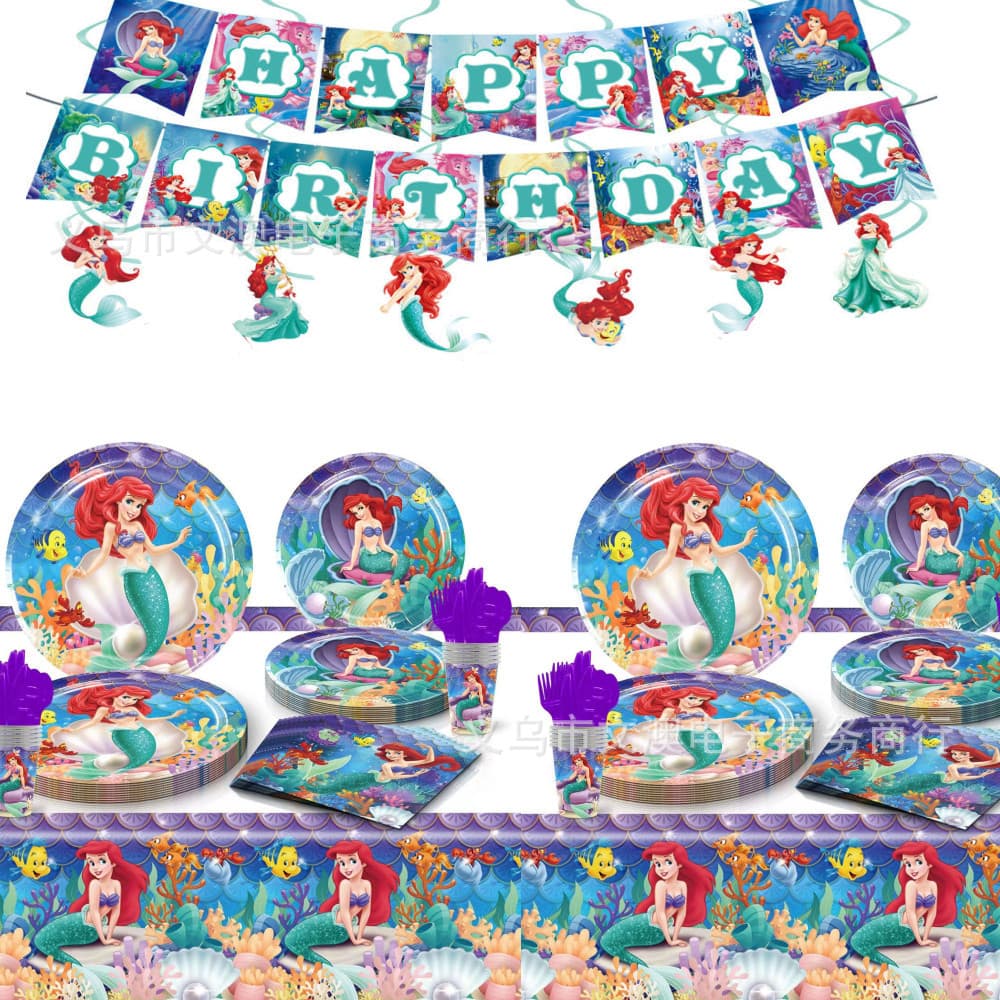 The Little Mermaid Theme Party Birthday Tableware Girl's Birthday Venue Layout Banner Paper Tray Paper Cup Balloon Tablecloth