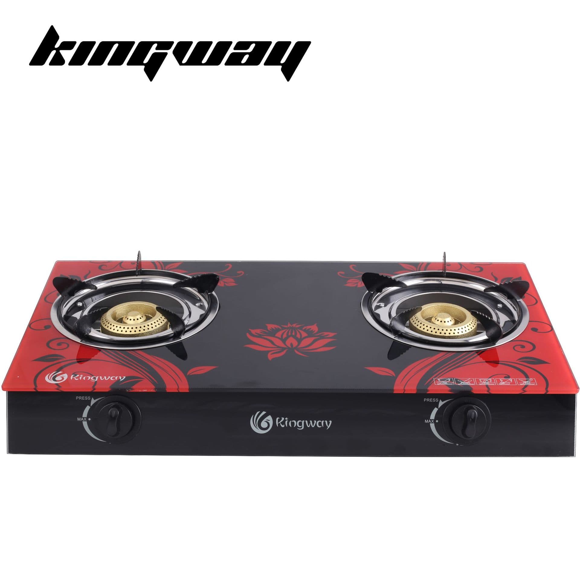 Kingway Factory Direct Sales 6mm Thick Glass Gas Stove for Export, Golden Honeycomb Burner Gas Cooker