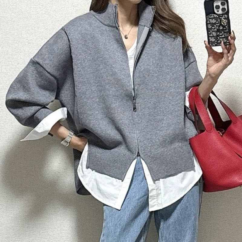Massive real shots of fake two-piece patchwork knitted loose women's slit top and jeans two-piece suit