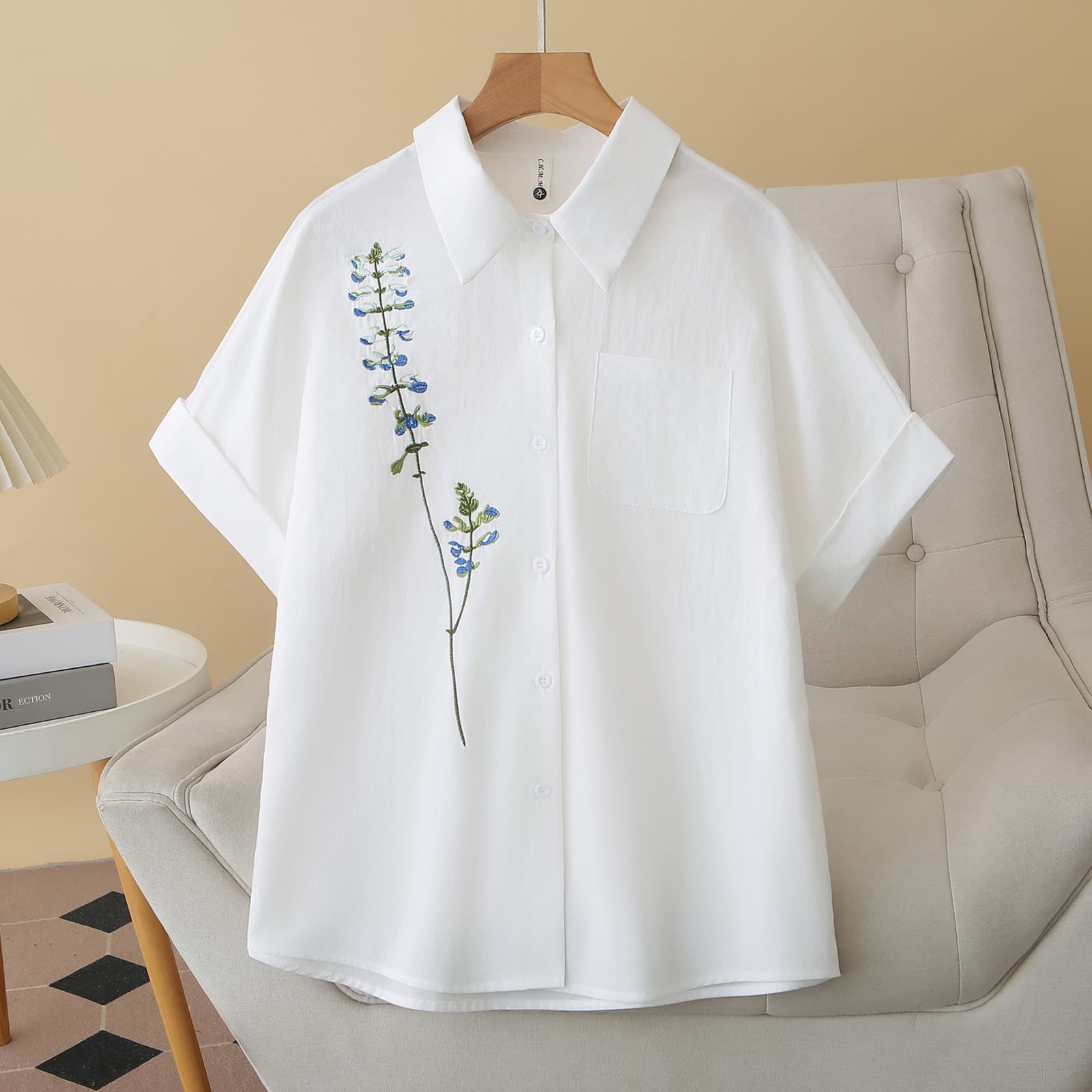2026 Summer Plus Size Short Sleeve Blouse for Women Embroidered Cotton Shirt Casual Cardigan Top 8885
