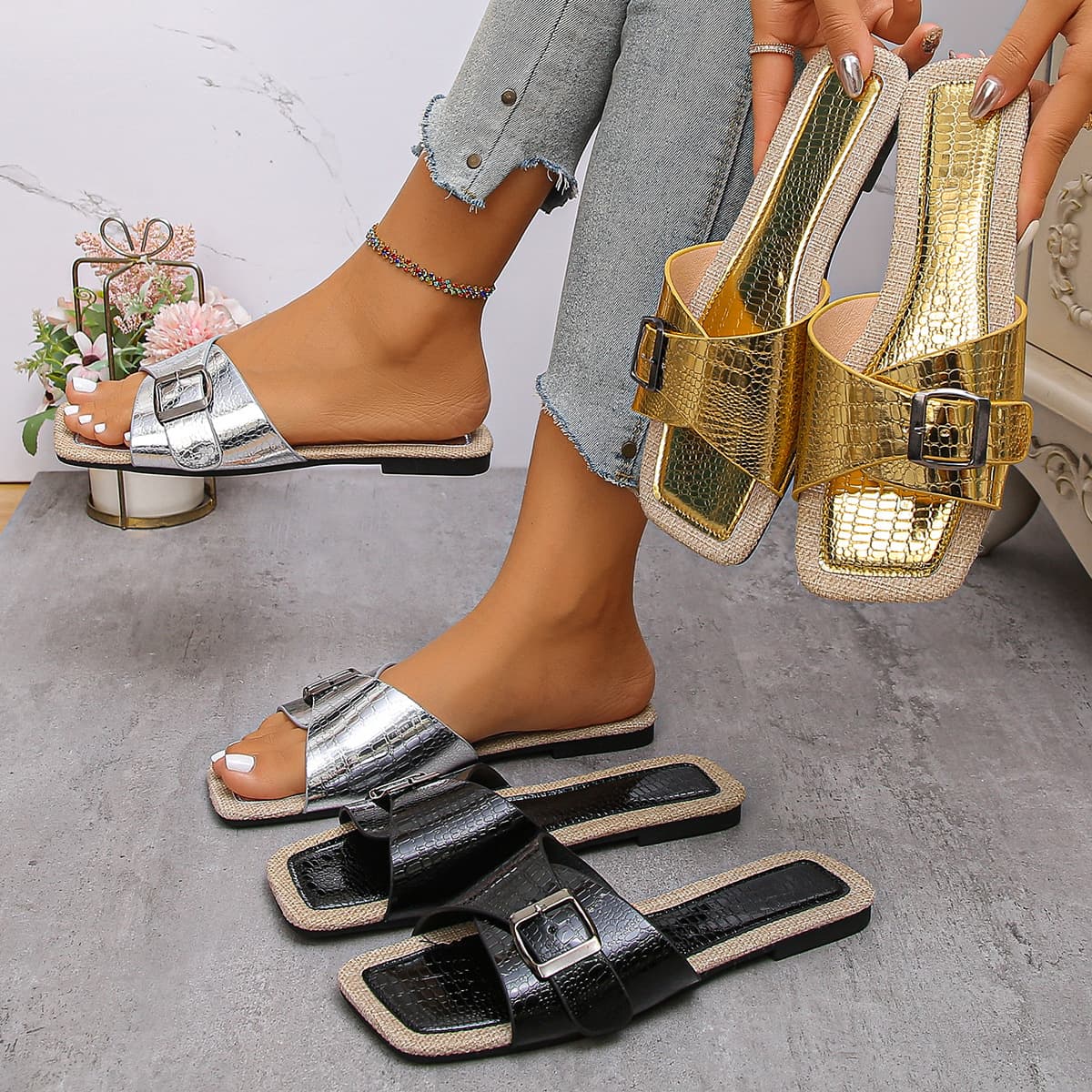 Women's Square-Toe Slide Sandals for Export to Europe and America, Multi-Color Beach Slippers, Plus Size, Wholesale