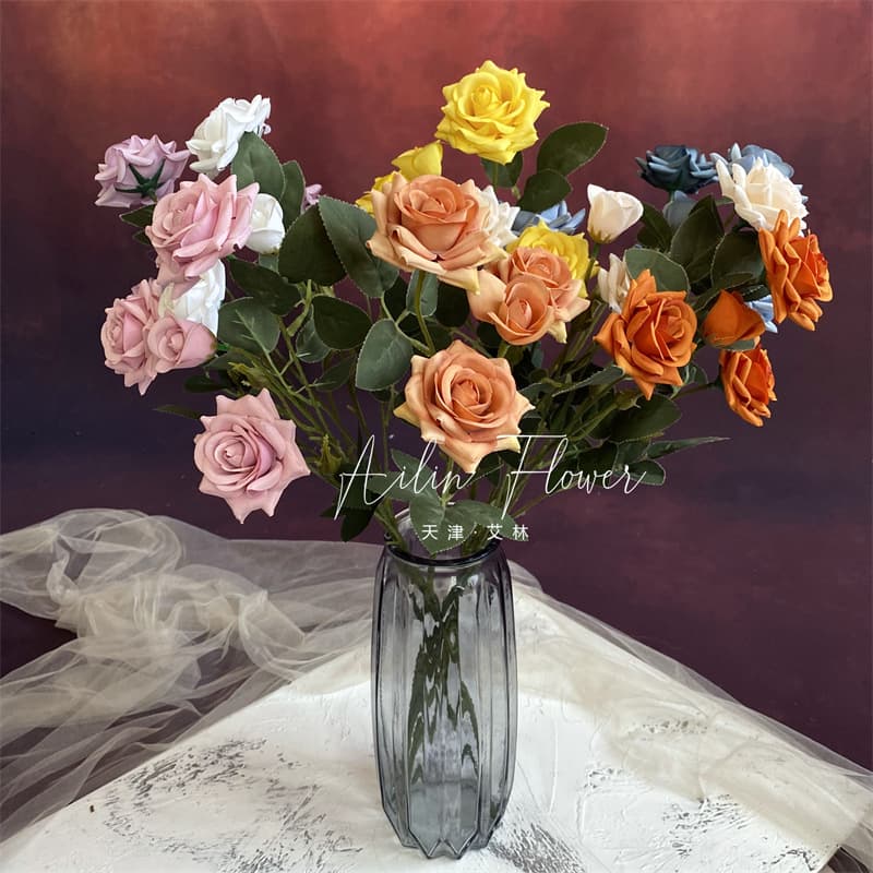 4-Head Mini Corner Rose Artificial Flower Mini Edge Rose Silk Flower Wedding Arrangement Home Decoration Flower Head Export