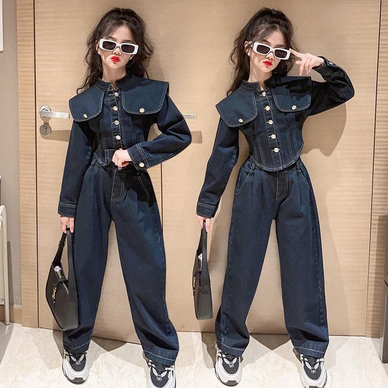 Children's wear girls' spring/autumn sets 2025 new mid-to-older children's fashionable classic large lapel denim two-piece