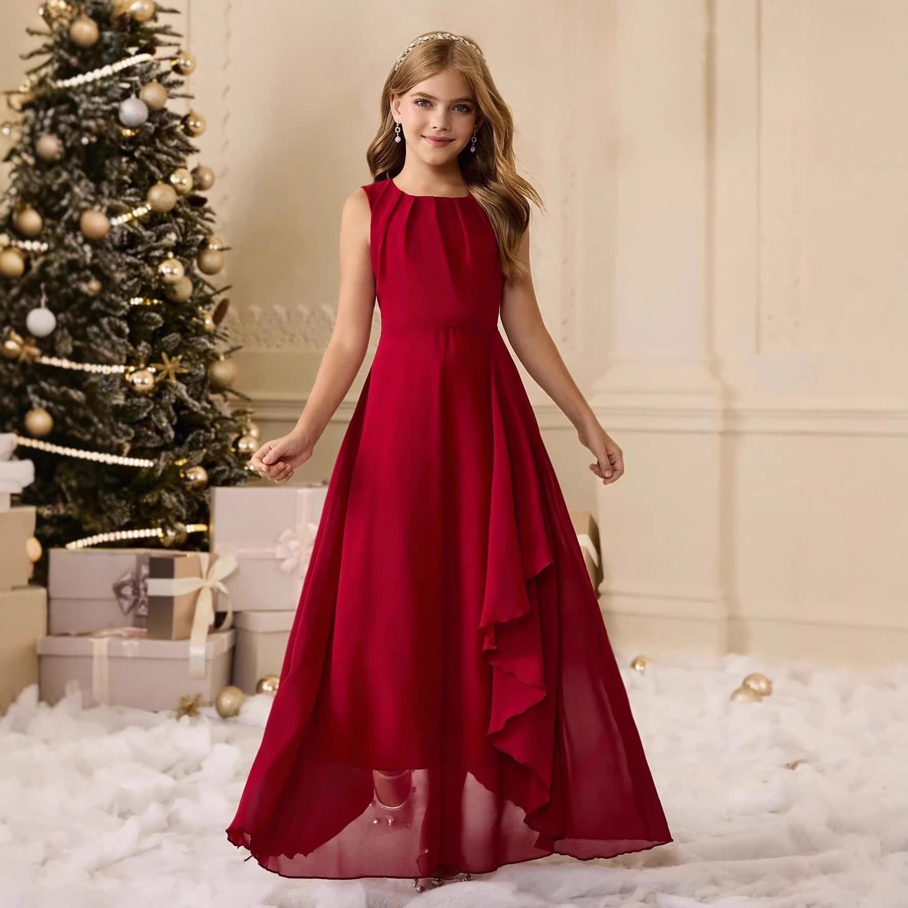 New European and American Girls' Red Chiffon Sleeveless Round Neck Irregular Ruffle Flared Party Dress