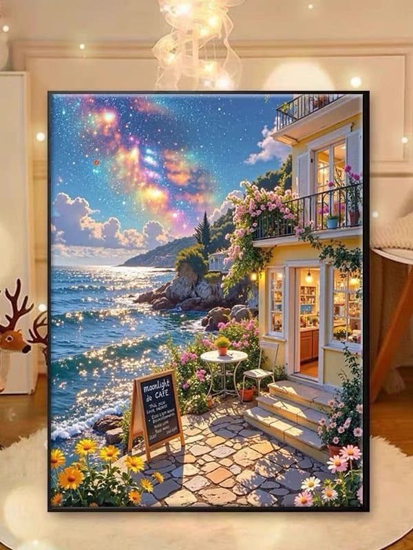 Seaside Coffee Shop 5D Diamond Painting Full Drill 2026 New Model Beautiful Landscape Sticker Art Living Room DIY Adhesive Mosaic
