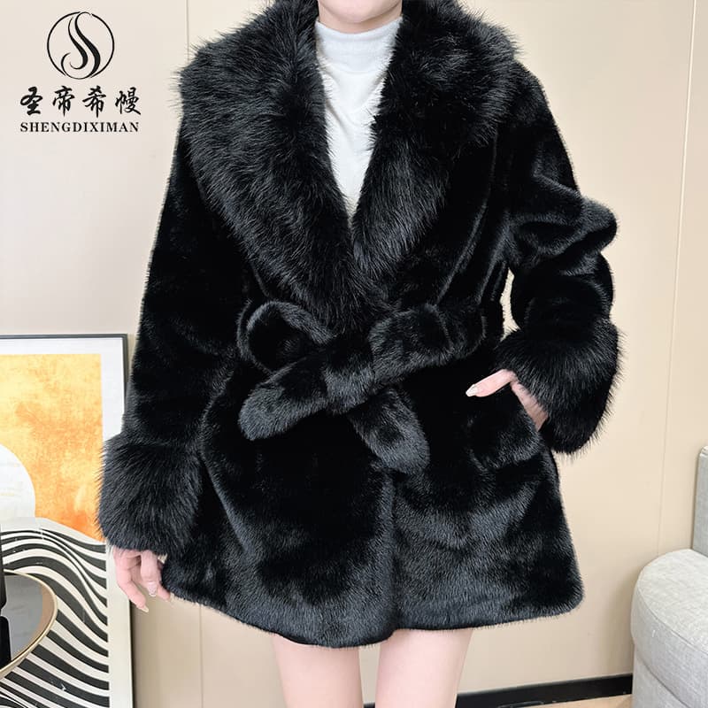 2024 Winter New Women's Fur Coat Fashionable Warm Mink Jacket Slim Fit Waist-Cinching Mid-Length Leather Outerwear