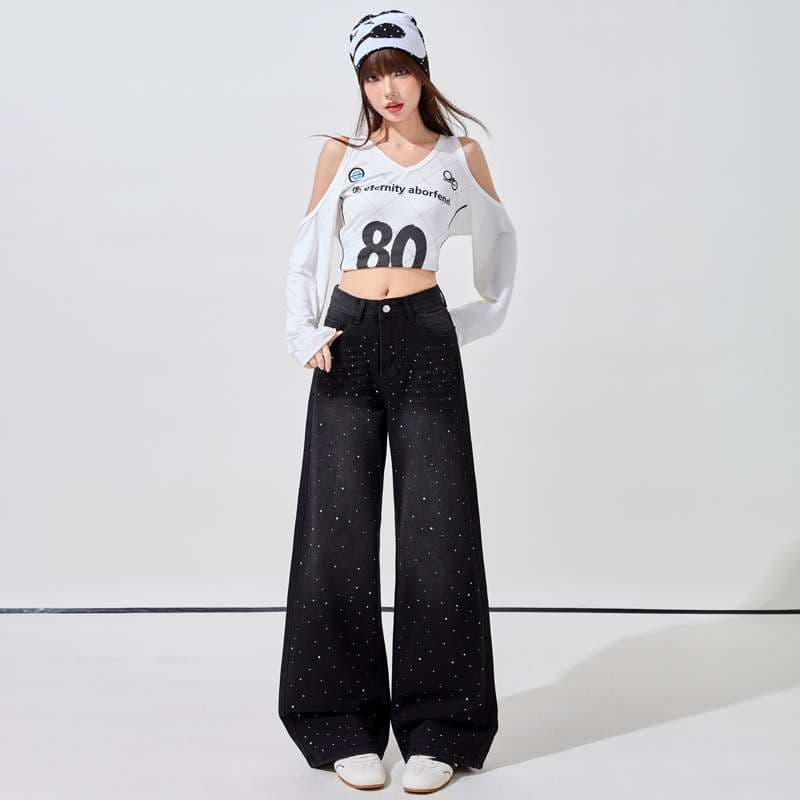 In Stock Seasonal Rhinestone Black Gray Wide Leg Jeans Women High Waist Straight Loose Floor-Length Pants