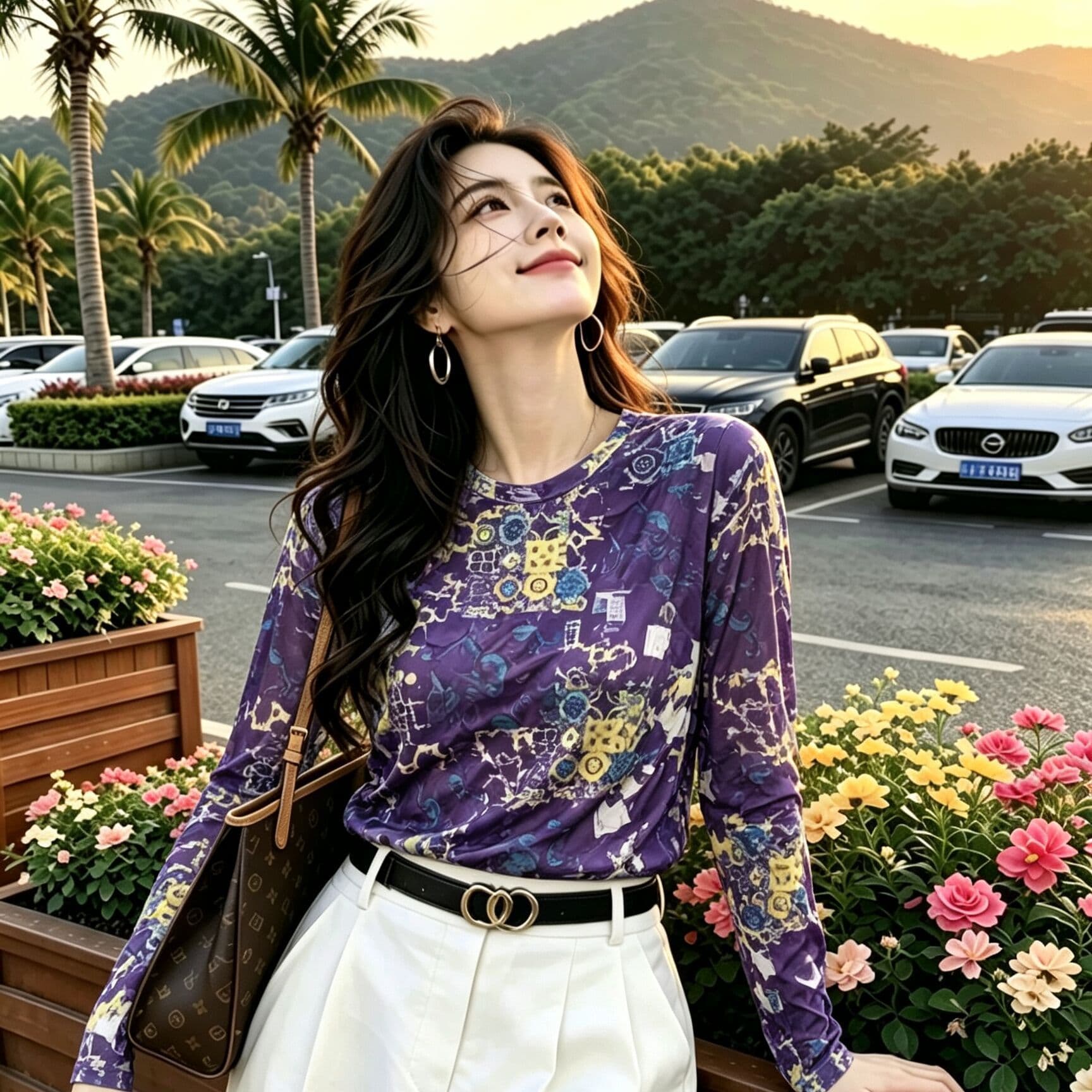 [c05] Double-layer Mesh Maternity Round Neck Long Sleeve T-Shirt with Print, Slimming and Elegant Top