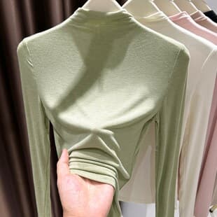 High Stretch Skin Layer Half Turtleneck Base Top Women Ultra Thin Soft Supple Mask Fabric Premium Feel Apple Green Inner Layer Top