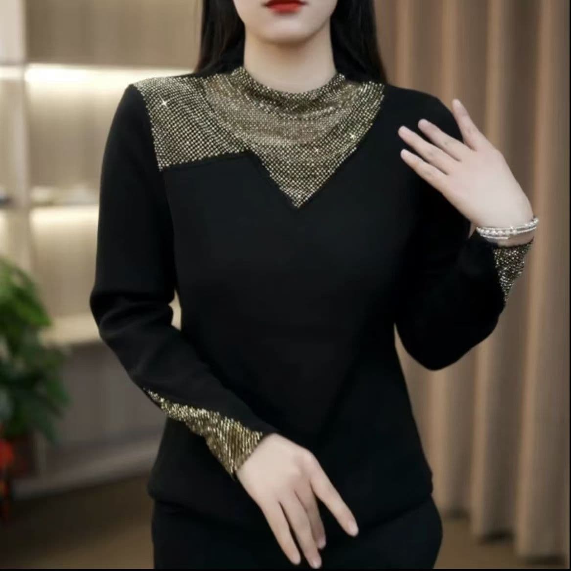 New Fall/Winter Fashion Heavy Rhinestone Long-Sleeve Top, Concealing Tummy, Youthful, Warm, Semi-High Collar Thermal Base Layer Shirt