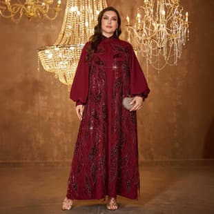Plus Size Women's Turtleneck Lantern Long Sleeve Loose Solid Color Beaded Patchwork Evening Party Dress
