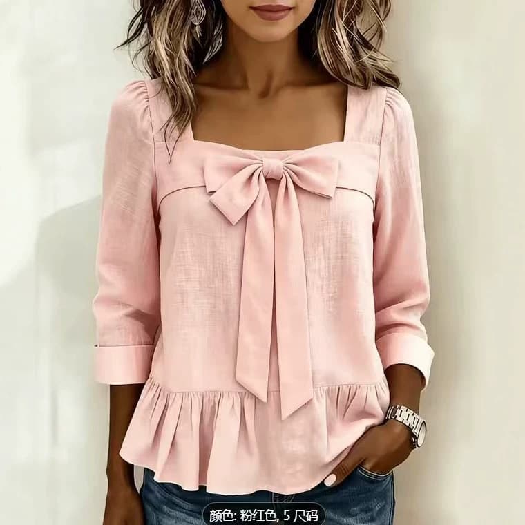 Cross-border Square Neck Bow Long Sleeve Blouse Women Autumn Puff Sleeve Pleated Hem Loose Cotton Linen Shirt Top